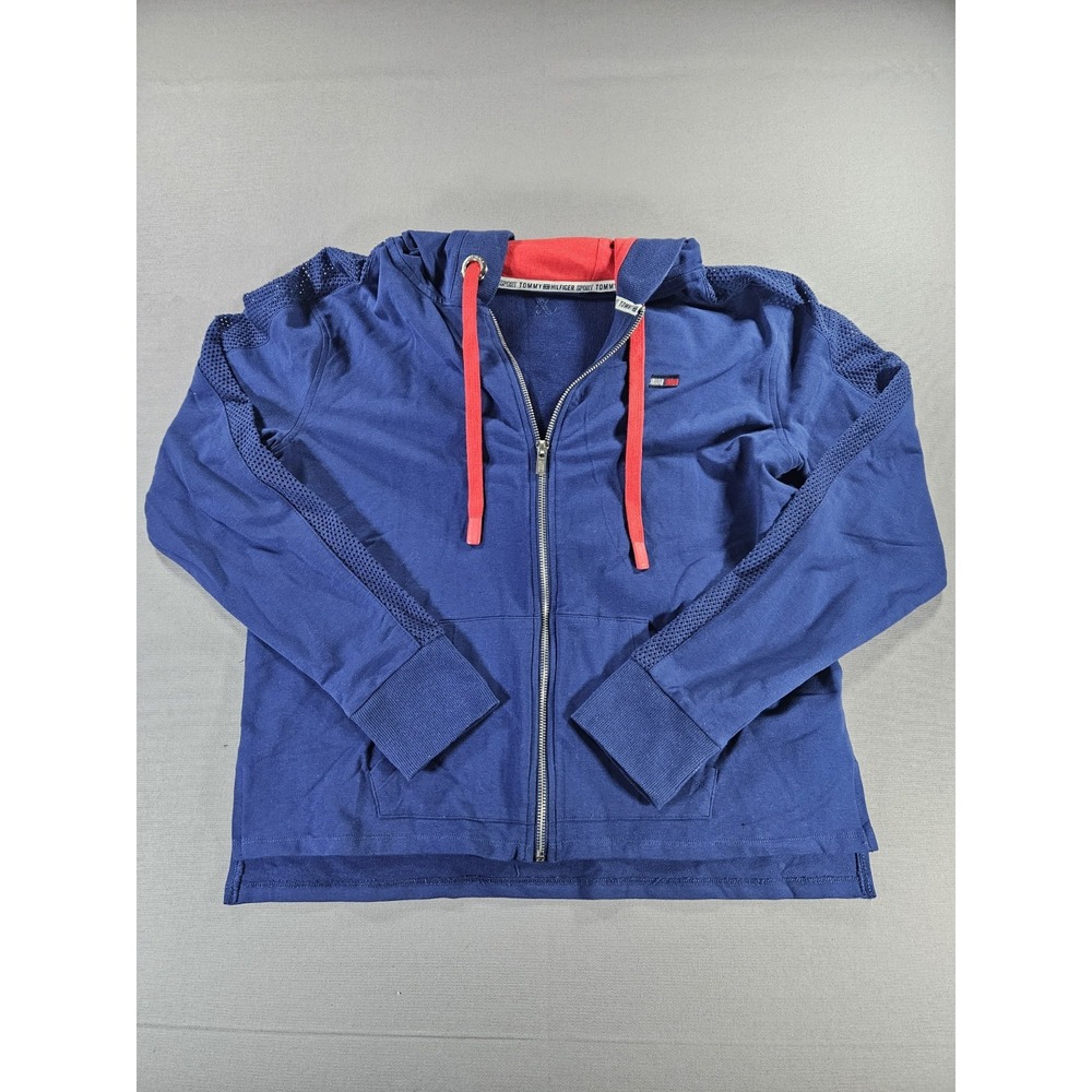 Tommy Hilfiger Sport Womens L Zip Up Hoodie Navy Blue Mesh Sleeve Jacket Large